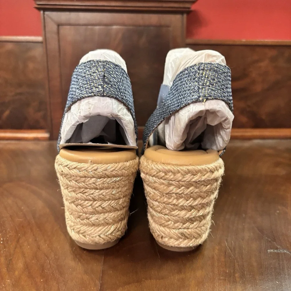 Easy‎ Spirit Meza2 Wedge Espadrille Sandals Blue Size 9M Elastic Strappy Comfort